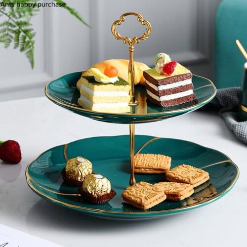Fruit Tray Cake Stand Living Room Home Green Ceramics Double Layer Dessert Dim Sum Plate Afternoon Tea Party Cake Display Stand