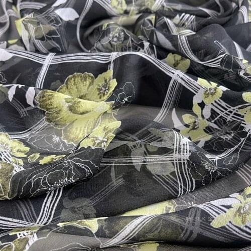1 Meter Silk Beach Dress Fabric Silk Scarf Fabric Wide Georgette Plaid Black Rose