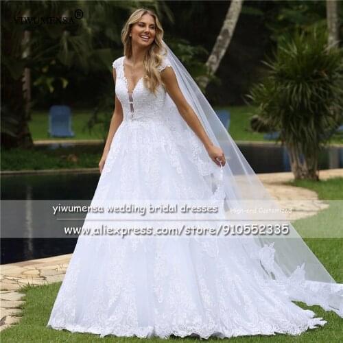 Vintage Sexy V Neck Bridal Gown Cap Sleeves Lace Appliques Princess A Line Wedding Dresses Plus Size Robe De Marriage A329