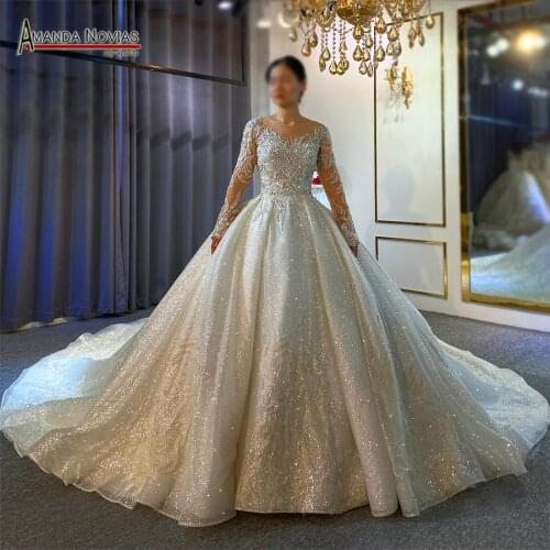 Long sleeves custom order bridal dress real work high wedding dress 2021