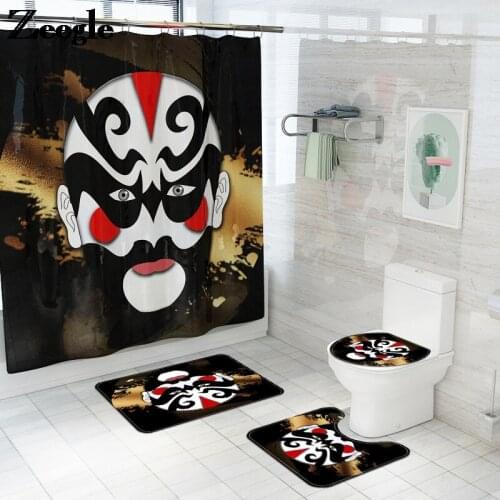 Traditional Peking Opera Facial Makeup Home Decor Bath Mat Toilet Rug Bathroom Set with Shower Curtain Toilet Seat Cover Mat