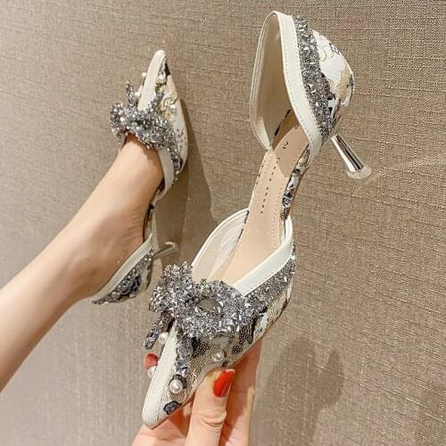 Women Pumps Fashion Ladies Bow Rhinestone High Heels Shoes Soft Leather Heels Shoes Woman Pointed Toe Non-slip Brand Sandals