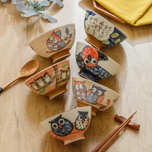 Ceramic Rice Bowl Japanese Underglaze Color Owl Parent-child Bowl, Meaning Auspicious Tableware Salad Bowl Kitchen Accessories