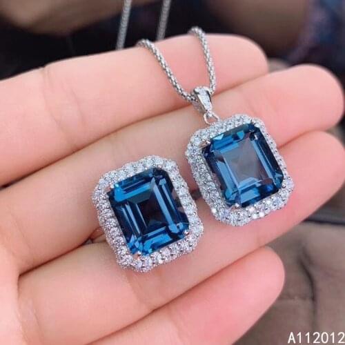 KJJEAXCMY Fine Jewelry 925 sterling silver inlaid natural blue topaz new girl vintage necklace pendant ring set support test