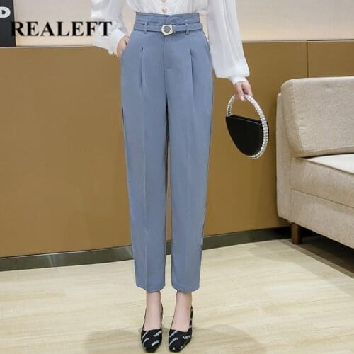 New 2021 Spring Autumn Women Formal Harem Pants with Belted High Waist Elegant Office Wear Chic Ankle-Length Pants Pockets