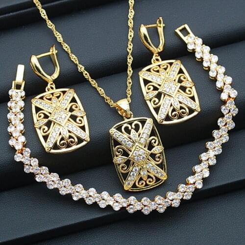 Womens Golden Square Jewelry Sets For Wedding Classic White Crystal Drop Earrings Bracelet Pendant Necklace Free Jewellry Box