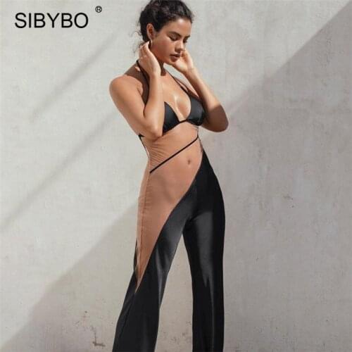 Sibybo Sexy Mesh Patchwork Women Jumpuits 2021 Casual Backless Lace Up Party Rompers Femme Streetwear See Through Black Overalls
