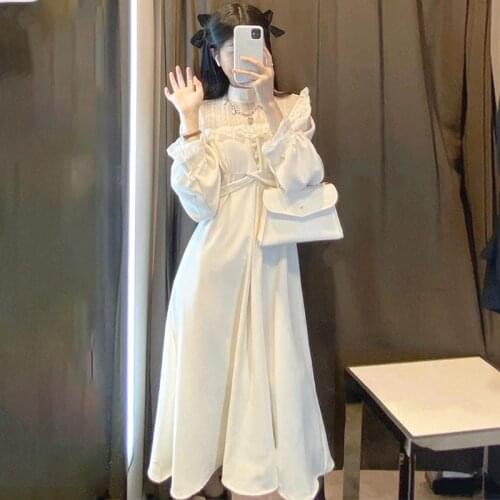 Sannian Sweet Lace Dress 2021 New Spring And Autumn Mid-length Temperament High Waist Slim Dresses Women Clothes