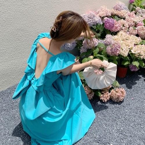 Summer 2021 WomenS Sweet style Retro Backless Casual Square collar sleeveless One-Piece Dresses Seaside vacation beach dress