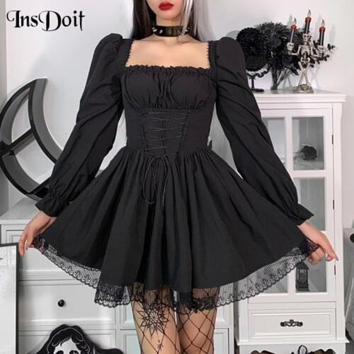 InsDoit Gothic Lolita Lace Up Black Corset Dress Women Harajuku Vintage Lace Aesthetic High Waist Dress Punk Party A Line Dress