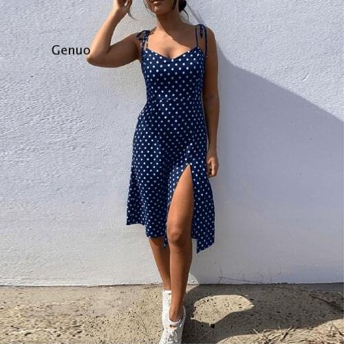 Womens Causal Dot Sleeveless Dresses High Waist V-Neck Dress Sleeveless Spaghetti Strap Dress Robe Femme Vestido