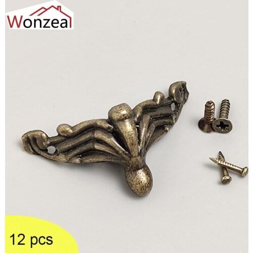 12Pcs Antique Corner Protector Brass fashion Jewelry Gift Box Wood Case Decorative Feet Legs Corner Protector For Furniture Vint