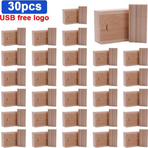 30pcs Wooden USB + box USB 128gb 64gb flash drive pen driver pendrive 4GB 8GB 16GB 32GB memory card USB 2.0 free LOGO wholesale