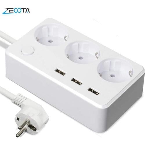 Power Strip Surge Protector Desktop 3 way EU Plug Outlets Multiple Socket with USB Charging Adapter Switch 1.5m Extension Cord