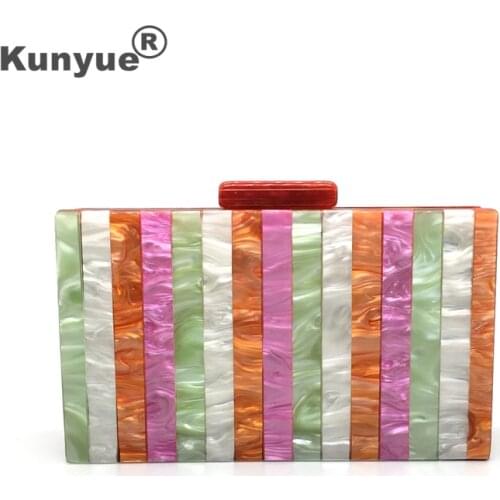 Brand Fashion Women Striped Acrylic Evening Bag Elegant Multi-Color Party Prom Cute Wedding Clutch Purse Casual Chains Handbags