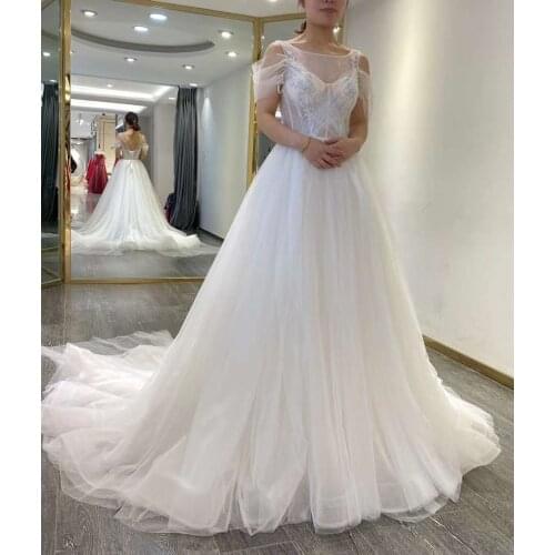 Long Lace A-Line Tulle Wedding Dresses Round Neck Sweep Train Lace Up Bridal Gowns for Women Real Photos