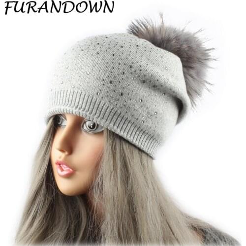 FURANDOWN Big Fur Pompom Winter Hats For Women Caps With Rhinestone Pom pom Beanies Wool Skullies
