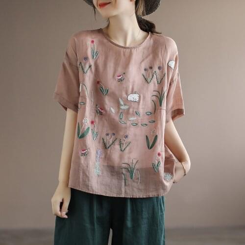 New Women Tshirts Summer 21Sweet Style Floral Embroidery Loose Female Linen Fashion Tees Wild