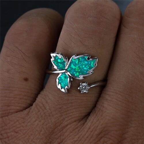 White Blue Green Red Opal Stone Ring Female Cute Maple Leaf Opening Ring Vintage Silver Color Engagement Rings For Women Jewelry