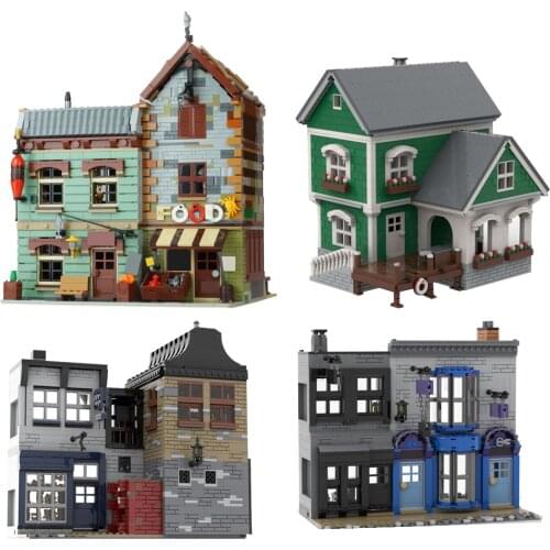 MOC Wharf Inn street view Citys Post Office with Delivery Van Toys Broken Cauldron Bar Diy Building Blocks friend Gift Kids