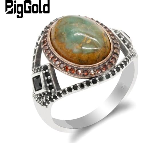 Natural Turquoise Stone Mens Ring 925 Sterling Silver Black CZ Rings Hollow Design for Male Women Turkish Lucky Jewelry Gift