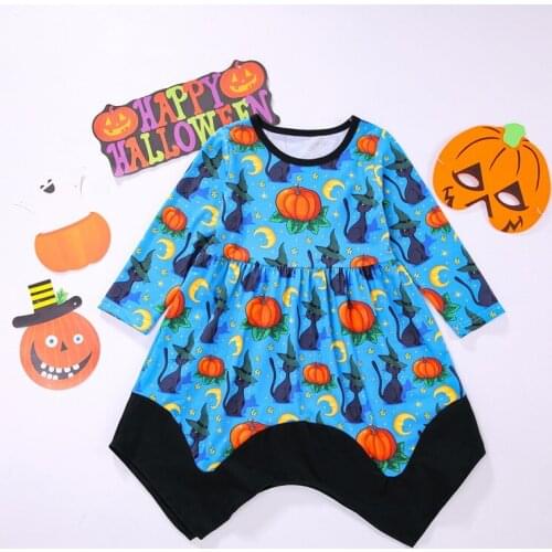 New Halloween Clothes Kids Clothes Pumpkin Cat Print Contrast Long Sleeve Halloween Dress Cotton Baby Girl Clothes Winter 1-6Y