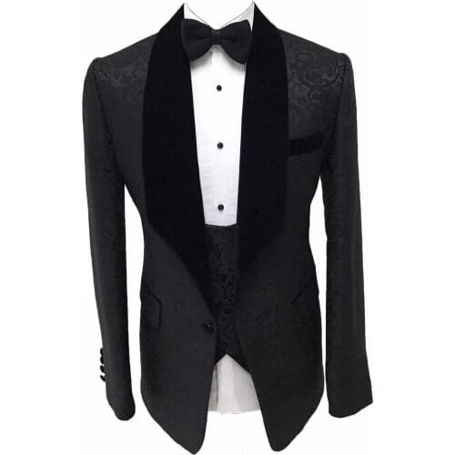 Newest Groomsmen Black Groom Tuxedos Shawl Velvet Lapel Men Suits Wedding Best Man Blazer ( Jacket+Pants+Bow Tie+Vest ) C199
