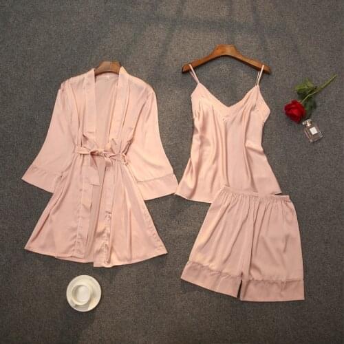 Womens Faux Silk 3PCS Pajama Sets Spring Summer New Strap Top&Shorts Nightwear Sexy V-Neck Intimate Sleepwear Lounge Home Wear