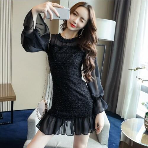 Women Korean Dress Fashion One Piece Autumn Spring 2021 New Office Lady Ruffles Full Sleeve Patchwork Solid Chiffon Dresses Traf