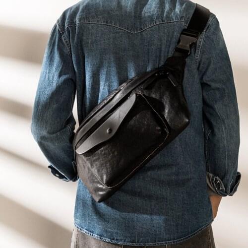 Simple casual designer first layer cowhide mens black large-capacity chest bag outdoor daily weekend real leather messenger bag
