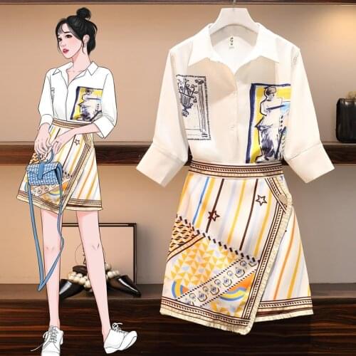 Plus size office ladies Summer Two piece set Printted blouse and irregular Skirt suits for women workwear elegant korean sets
