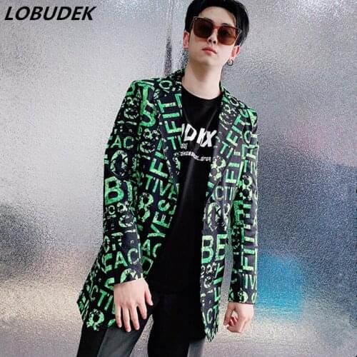Plus Size Vintage Mens Blazers Green Letter Printing Slim Fit Casual Long Coat Singer Nightclub Bar Stage Suit Jackets S-3XL