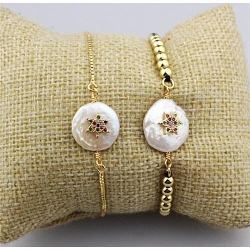 Adjustable 10pcs/lot Stylish and beautiful freshwater pearl connector bracelet, pentagon shape bracelet,cz pearl pendant
