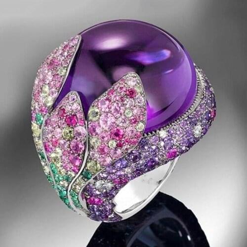 Luxury Imitation Pearl Rings for Women Colorful Flower Cubic Zircon Violet Delicate Gifts Retro Ethnic Ring Fashion Jewelry