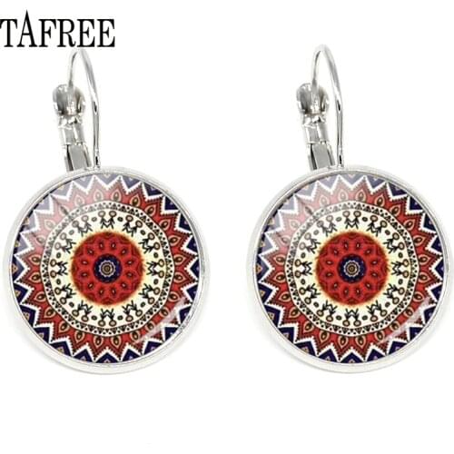 TAFREE Red Henna Mandala Clip Earrings Vintage Silver Color Art Photo Yoga Earring Women Wedding Party Fashion Jewlry Gift HN407