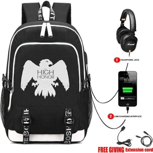 As High As Honor Arryn Book bag Rucksack Student School Bag For Boys Girls Travel Backpack USB Port Mochila Black Backpack