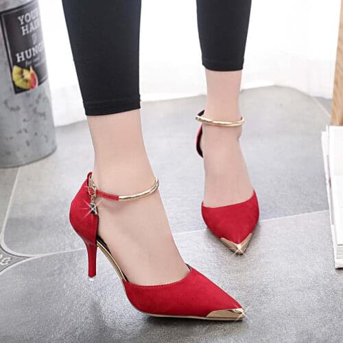 Women Suede Pumps High Heels Sexy Shoes Pointed Toe Thin Heel Ladies Wedding Metal head Office & Career