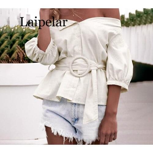 Laipelar Off shoulder blouse women shirt blouse buttons Summer lantern sleeve sashes blouse female Casual vintage tops 2019 New