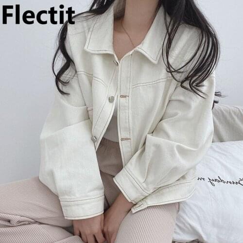 Flectit White Black Denim Jacket Women Jean Jacket Coat Topstitching Button Down Vintage Classic Outerwear