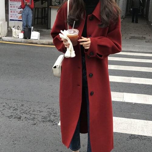 Korean Style High Fashion Womens Top Quality Lady Simple Woolen Women Solid Color All-Match Long Single Breasted Outerwear
