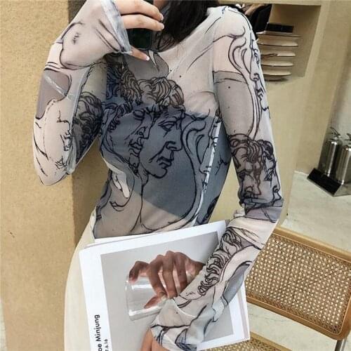2021 New Fashion Women Mesh Floral Shirt, Long Sleeve High Neck Vintage See-Through White Tops for Casual Party Street