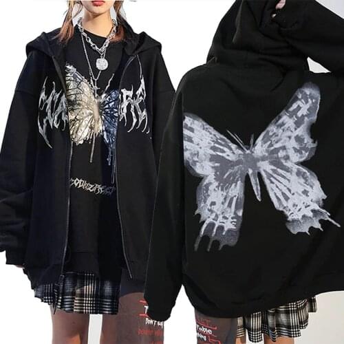 Women Hip Hop Streetwear Hoodies Women Jacket butterfly Print Coat Goth Harajuku Y2k aesthetic Clothes grunge Punk Jacket Zip-up