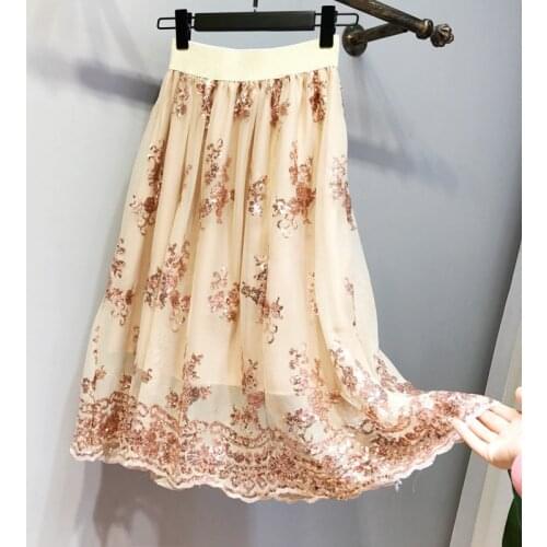 High Quality Spring Women Fashion Voile Sequin Embroidery Gauze Skirt Ladies Retro A-line Mid Calf Urban Swing Mid Skirt