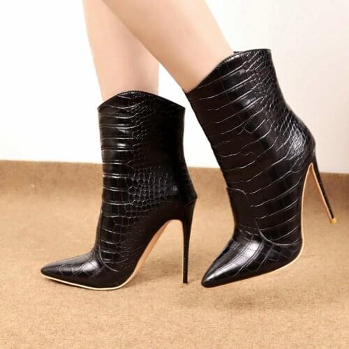 Ladies Stone Pattern Mid Calf Boots Autumn Winter Loose Sleeve Fashion Ankle Boots Ladies Super High Heel Pointed Toe Womens Sh