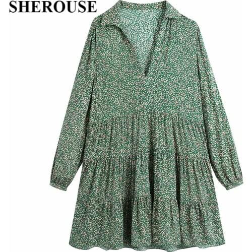 SHEROUSE Women Romantic Floral Printed Mini Dress Vintage Long Sleeves Lapel V-Neck Casual Chic Lady Woman Short Dresses Robe