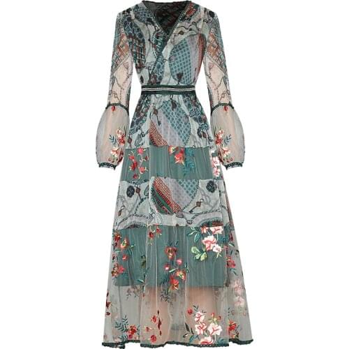 Designer New WomenS High Quality Lantern Sleeve Sexy Fashion Party Elegant Vintage Print Embroidery Mesh Chiffon Midi Dress