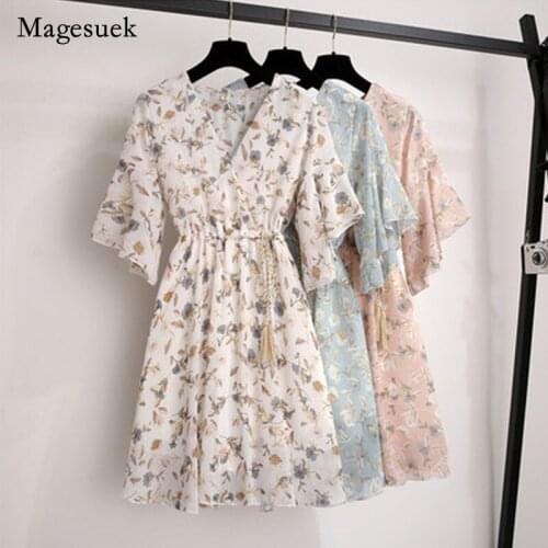 2021 Summer Chiffon Dress Short Sleeve V-neck Floral High Waist Dresses Knee-length Vintage Party Women Dress Vestidos 8902 50