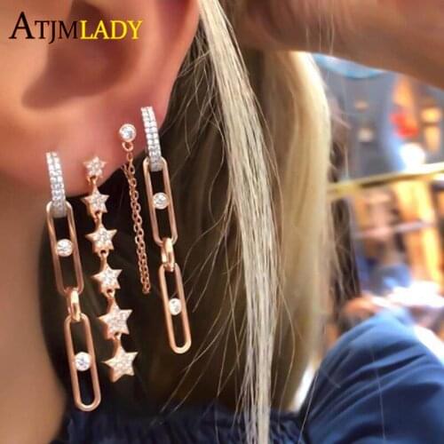 2021 New Arrived Rose Gold Color Punk Rock Bling 5A Cubic Zirconia Paved Latest Design Fashion Long Chain Hoop Earring For Women