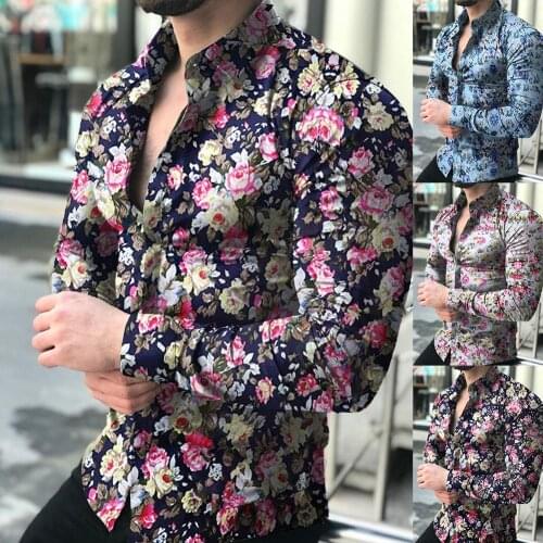 5XL Casual Men Floral Print Slims Fit Long Sleeve Button Turn Down Collar Shirt Top Vintage Fashions Mens Shirt Man Clothing