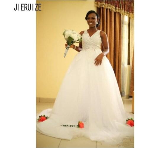JIERUIZE White African Wedding Dresses With Detachable Train V Neck Appliques Beads Button Back Mermaid Bridal Gowns Bride Dress